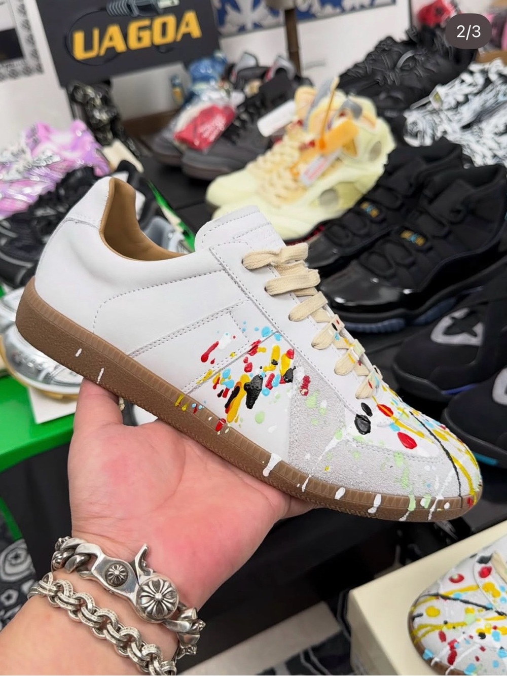 Maison Martin Margiela White Paint-Splash Sneakers with Tan Sole